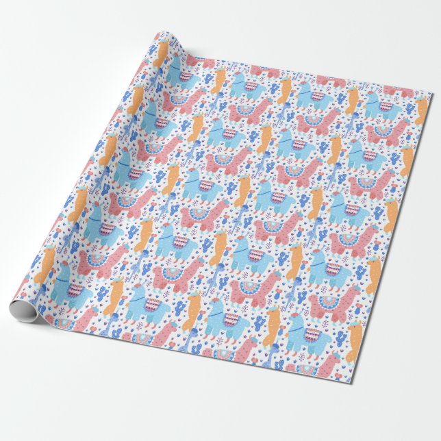 Bright Colorful Alpaca Pattern Wrapping Paper (Unrolled)