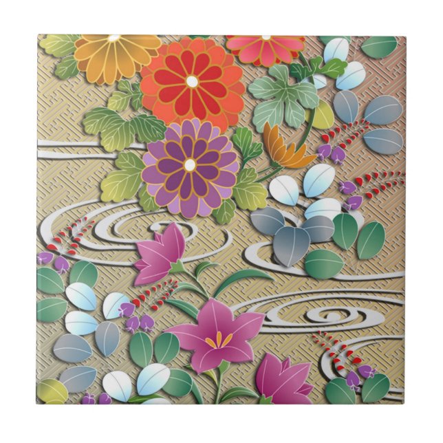 Bright colorful autumn flowers ceramic tile (Front)
