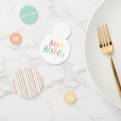 Bright colorful baby brunch shower decor confetti