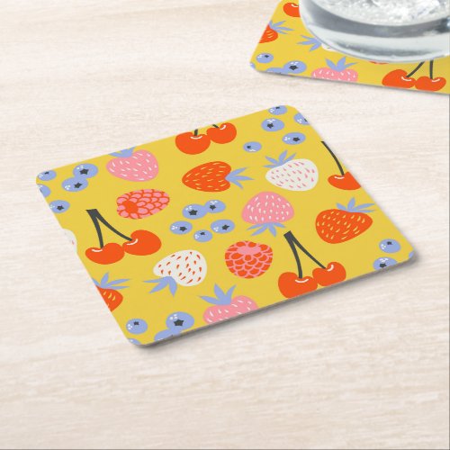 Bright Colorful Berry Fruit Pattern Square Paper Coaster