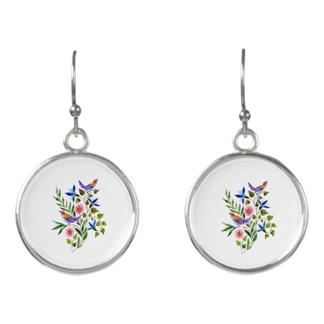 Bright Colorful Birds and Flowers Earrings (Front)