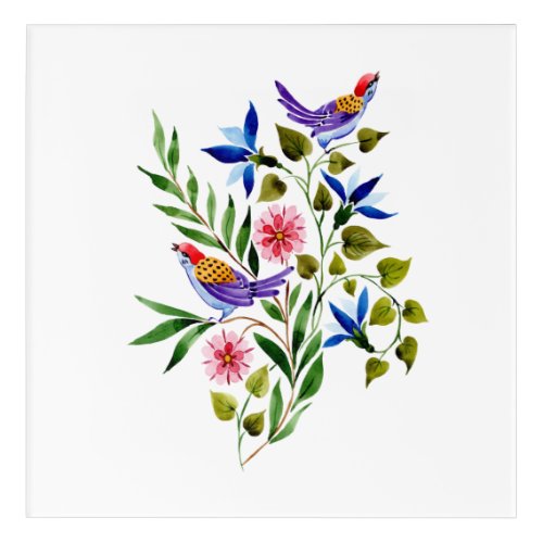 Bright Colorful Birds and Flowers Watercolor  Acrylic Print