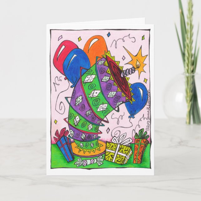 Bright Colorful Birthday Cake Balloons Drawing Card (Front)