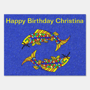 Bright Colorful Birthday Pisces Fish Yard Sign