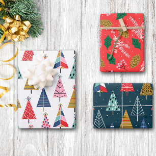 Bright Colorful Boho Christmas Trees Pattern Wrapping Paper Sheets