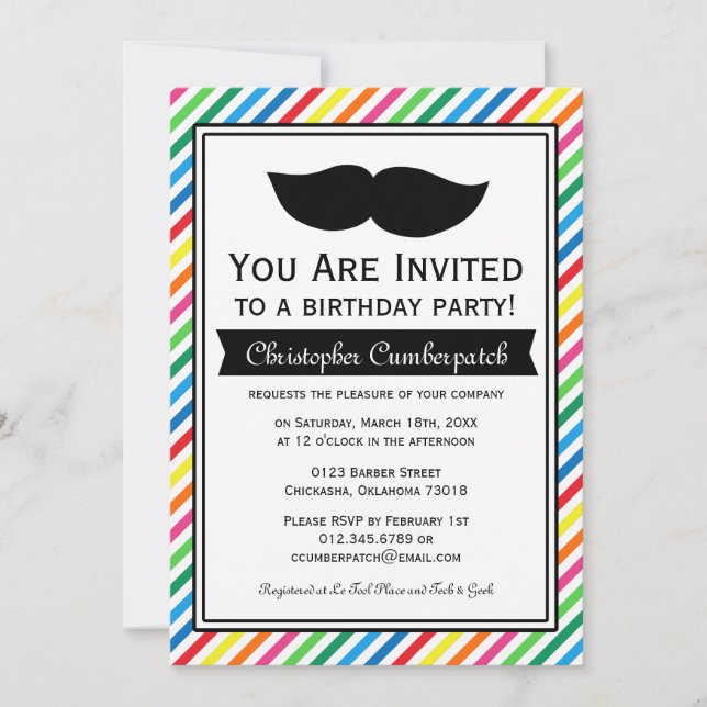 Bright Colorful Boy Moustache Birthday Party Invitation (Front)