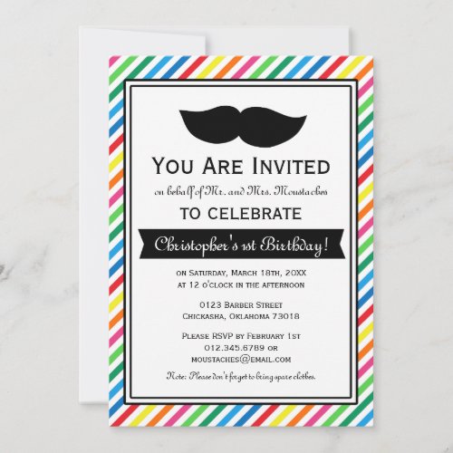 Bright Colorful Boy Moustache Birthday Party Custom Invitations