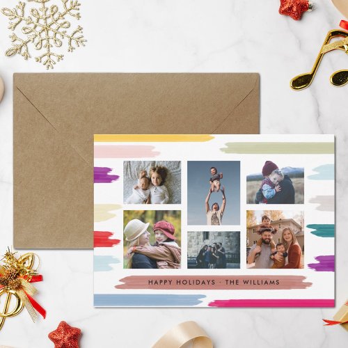Bright  Colorful Brush Strokes 6 Photo Collage Holiday Card