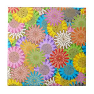 Bright Colorful Busy Chaotic Hippy Flower Pattern Ceramic Tile