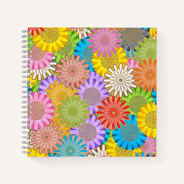 Bright Colorful Busy Chaotic Hippy Flower Pattern Notebook (Front)