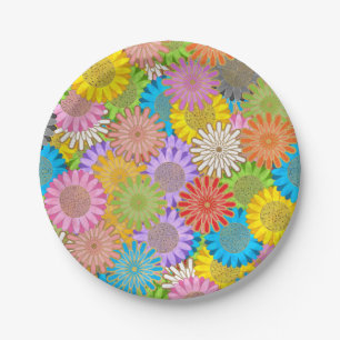 Bright Colorful Busy Chaotic Hippy Flower Pattern Paper Plates