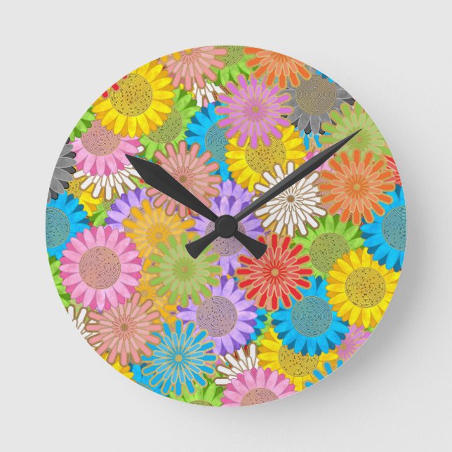 Bright Colorful Busy Chaotic Hippy Flower Pattern Round Clock (Front)