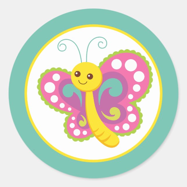 Bright Colorful Butterfly Kids Cartoon Design Classic Round Sticker (Front)