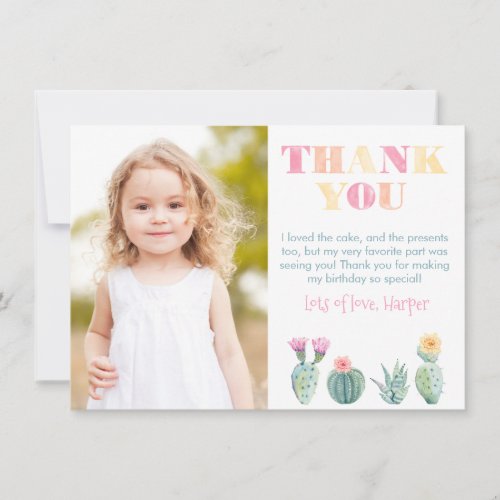 Bright Colorful Cactus Watercolor Birthday Party Thank You Card