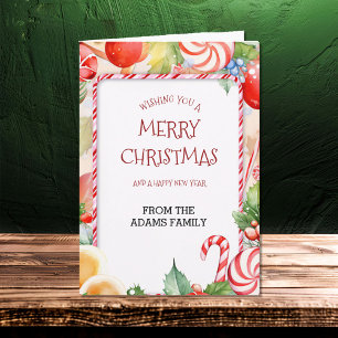 Bright Colorful Candy Cane and Oranges Christmas Card