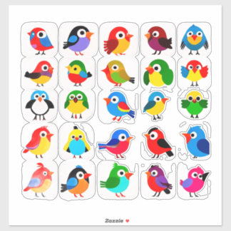 Bright Colorful Cartoon Birds set for Decor Sticker