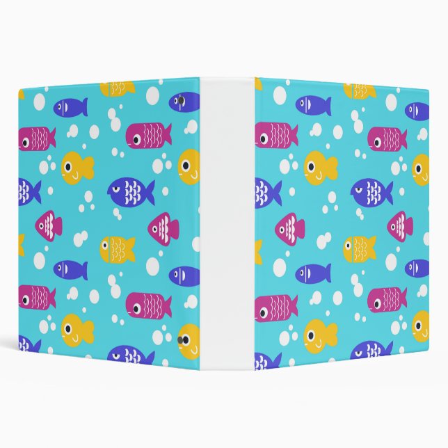 Bright Colorful Cartoon Fish Pattern Blue 3 Ring Binder (Background)