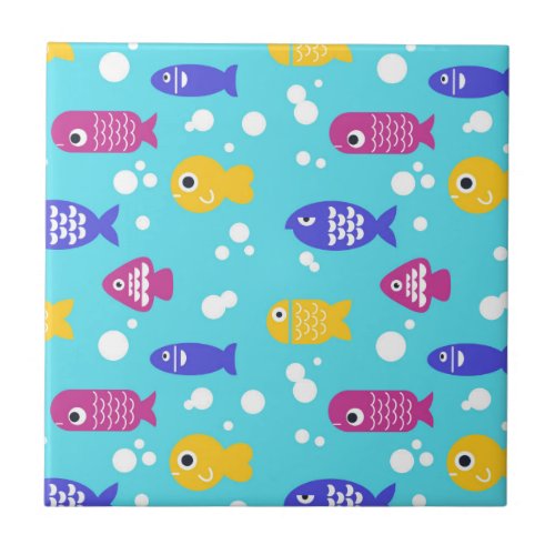 Bright Colorful Cartoon Fish Pattern Blue Ceramic Tile