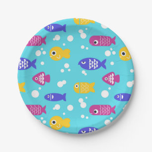 Bright Colorful Cartoon Fish Pattern Blue Paper Plates
