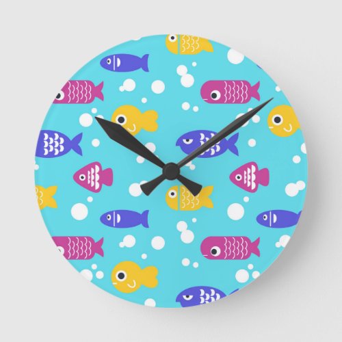 Bright Colorful Cartoon Fish Pattern Blue Round Clock