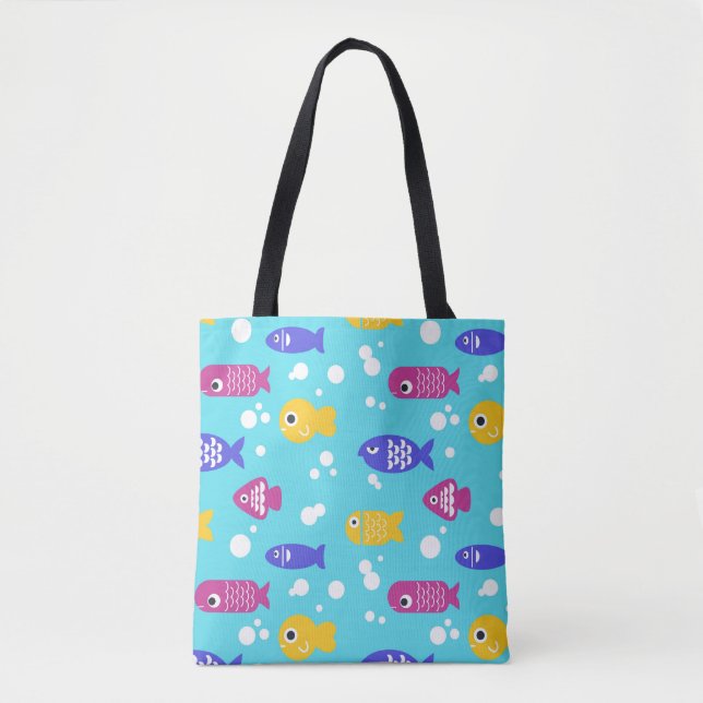 Bright Colorful Cartoon Fish Pattern Blue Tote Bag (Front)