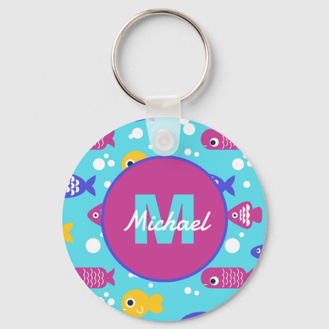 Bright Colorful Cartoon Fish Pattern Kids Name Keychain (Front)