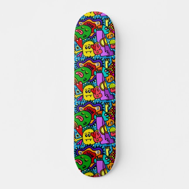 Bright Colorful Cartoon Monsters Skateboard (Front)