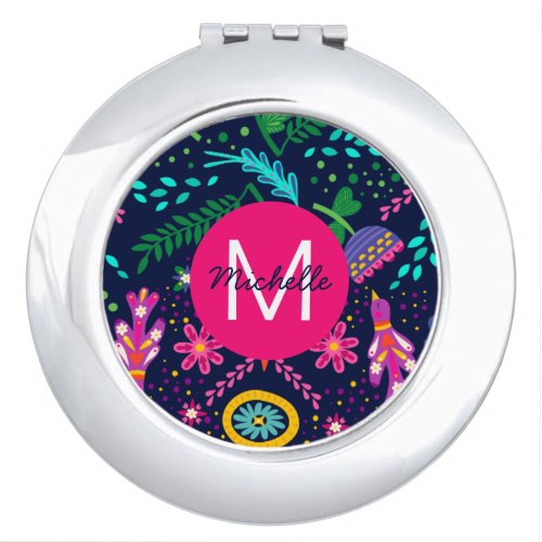 Bright Colorful Chaotic Floral Blue Personalised Compact Mirror