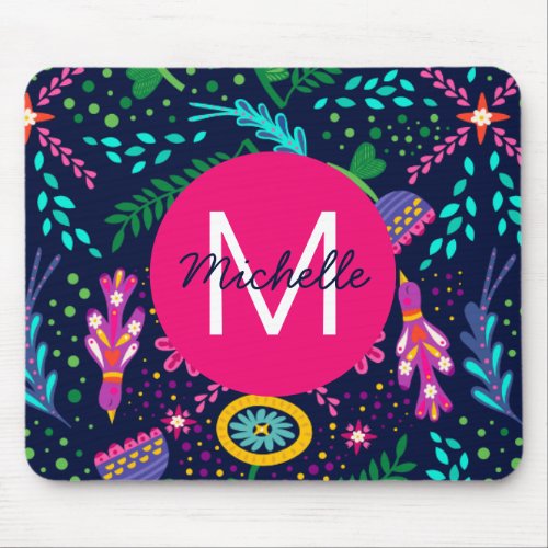 Bright Colorful Chaotic Floral Blue Personalised Mouse Pad