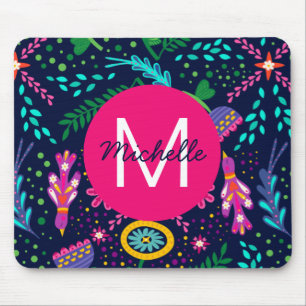 Bright Colorful Chaotic Floral Blue Personalised Mouse Pad