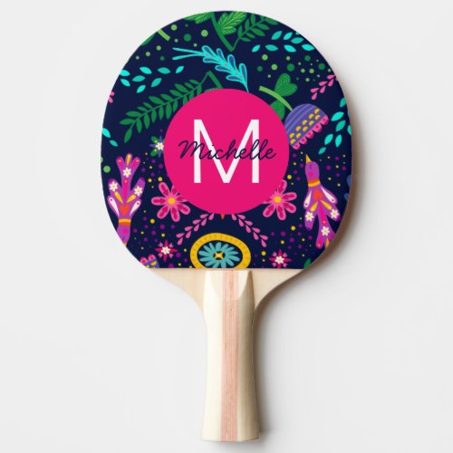 Bright Colorful Chaotic Floral Blue Personalised Ping Pong Paddle