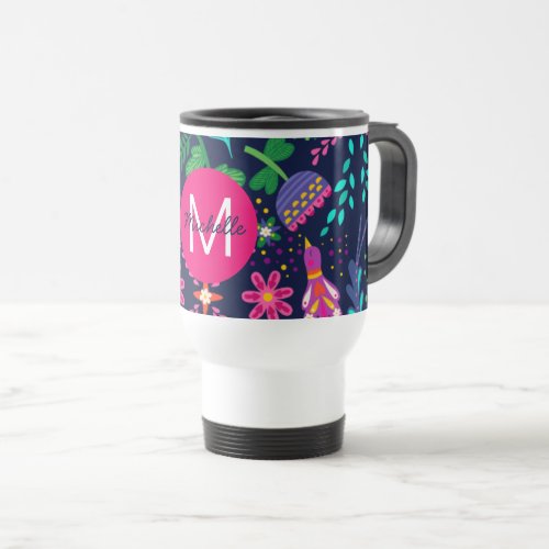 Bright Colorful Chaotic Floral Blue Personalised Travel Mug