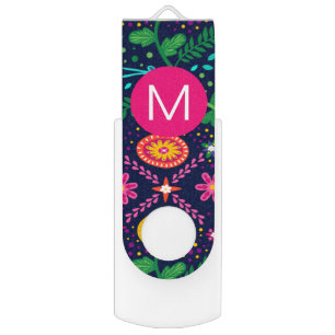 Bright Colorful Chaotic Floral Dark Blue Monogram Flash Drive