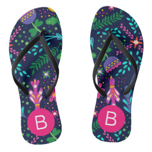 Bright Colorful Chaotic Floral Dark Blue Monogram Flip Flops