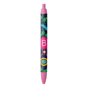 Bright Colorful Chaotic Floral Dark Blue Monogram Pen