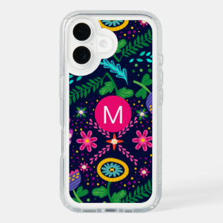 Bright Colorful Chaotic Floral Dark Blue Monogram iPhone 16 Case
