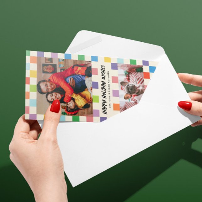 Bright Colorful Checkerboard 2 Photo Skinny Holiday Card (Colorful checkerboard patterned two photo skinny holiday card with custom message on back)
