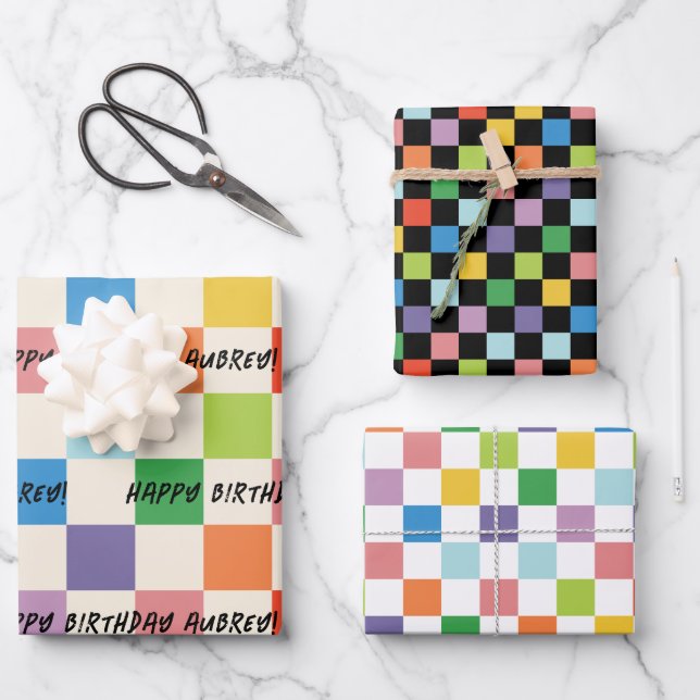 Bright Colorful Checkerboard Custom Birthday Wrapping Paper Sheets (Front)