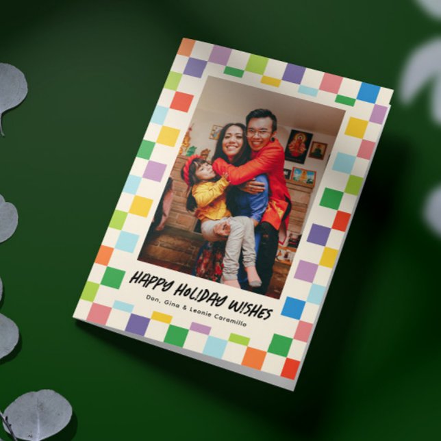 Bright Colorful Checkerboard Folded Photo Holiday Card (folded colorful checkerboard pattern one photo family holiday card)