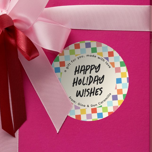 Bright Colorful Checkerboard Gift Classic Round Sticker (round custom Christmas holiday gift tag with colorful checker border)
