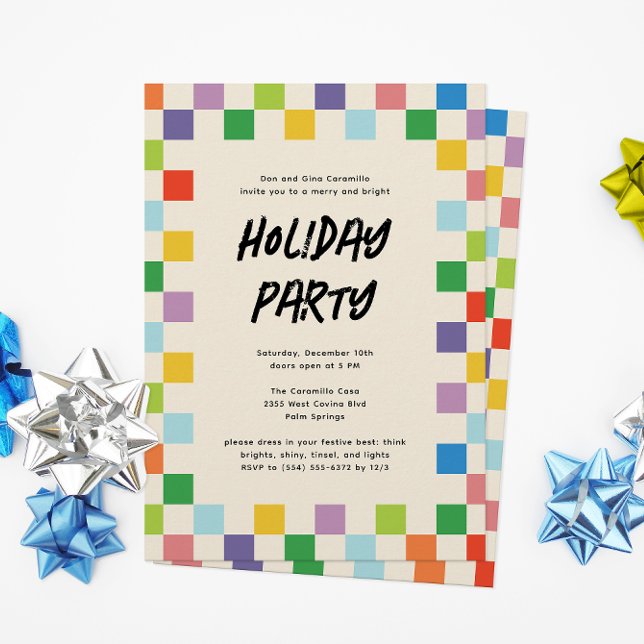 Bright Colorful Checkerboard Holiday Party (happy holiday party invitation with a border of rainbow color checkerboard squares and custom text)