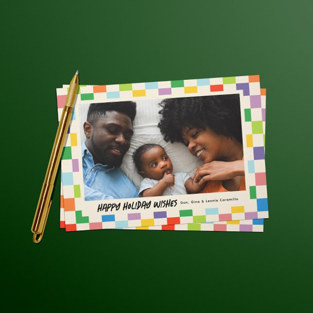 Bright Colorful Checkerboard Holiday Postcard (colorful checkerboard patterned landscape photo Christmas holiday postcard)