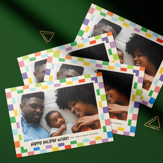 Bright Colorful Checkerboard Landscape Photo Card (Colorful checkerboard patterned landscape orientation folded photo holiday card with message inside)