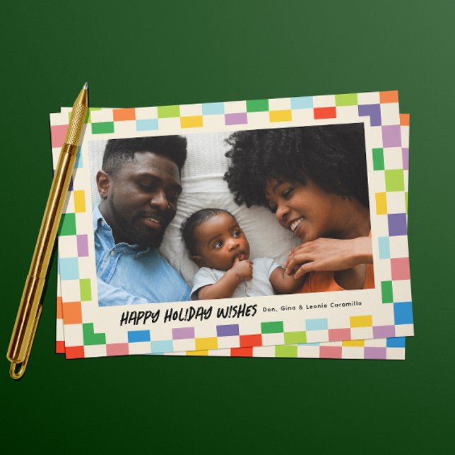 Bright Colorful Checkerboard Landscape Photo Holiday Card (colorful checkerboard patterned landscape one photo holiday card)