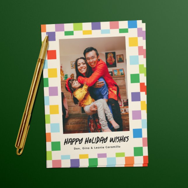 Bright Colorful Checkerboard Photo Holiday (colorful checkerboard patterned happy holiday one photo card)