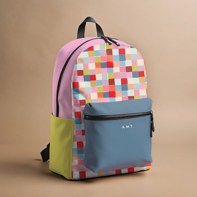 Bright Colorful Checkers Personalized Name Initial Printed Backpack (Bright, colorful checked personalized initials backpack.)