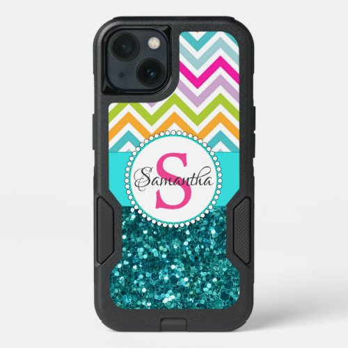 Bright Colorful Chevrons  Teal Turquoise Glitter iPhone 13 Case