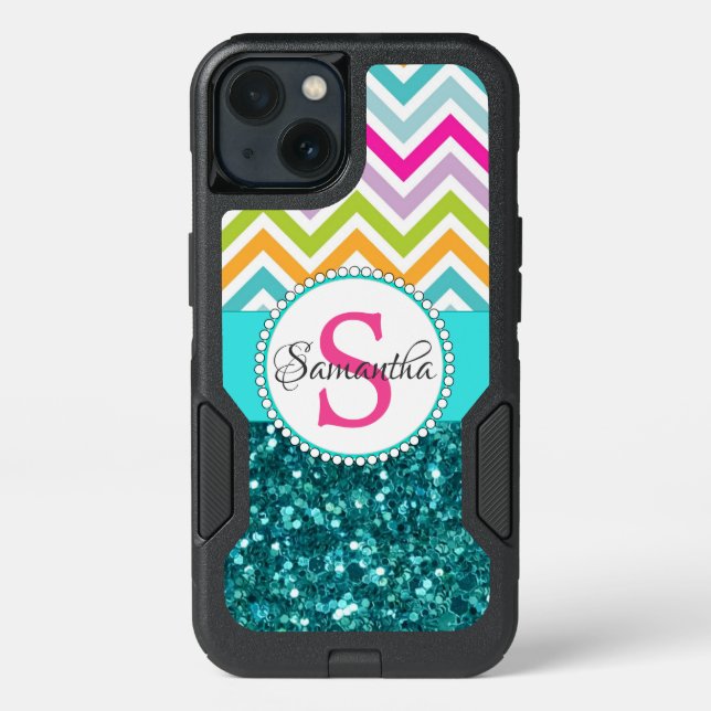 Bright Colorful Chevrons | Teal Turquoise Glitter Otterbox iPhone Case (Back)