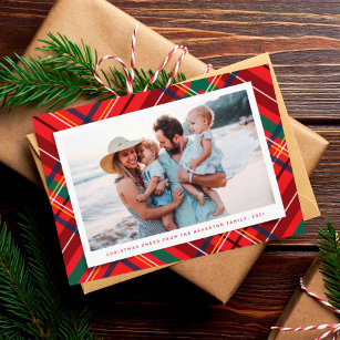 Bright colorful Christmas plaid one photo Holiday Card