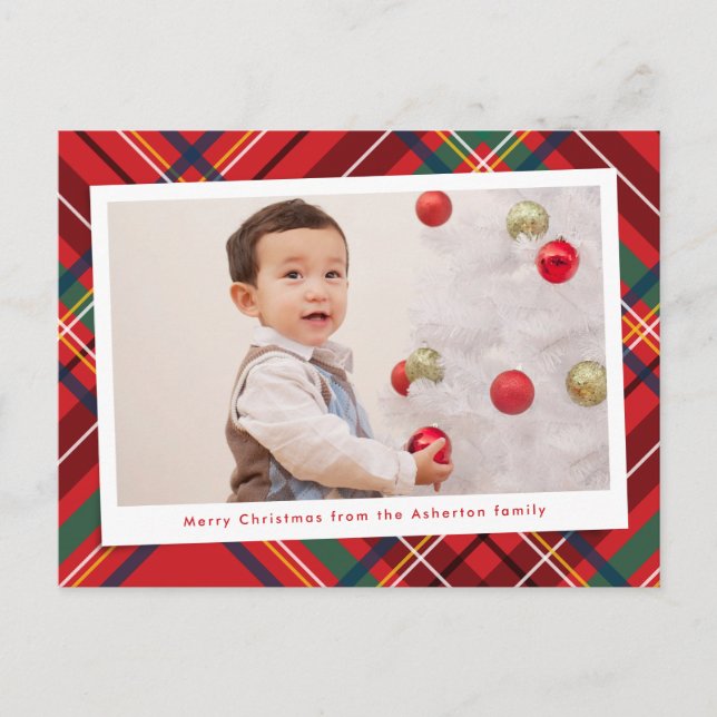 Bright colorful Christmas plaid one photo Holiday Postcard (Front)